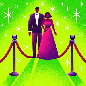 Rodney Rowland and Gillian Anderson in formal wear. Dark-haired noble and raven-haired enchantress. Red carpet event.