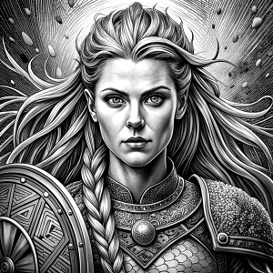 shieldmaiden perfect realistic art, high-definition, high-definition grey and black, white background 