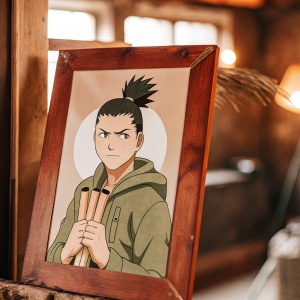 Shikamaru Nara, from Naruto, portrayed in a dynamic pose. Wearing a green hoodie and holding scrolls. Dark, minimalistic background