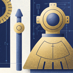 Orianna, the prodigy champion from League of Legends, unveiled in a detailed blueprint illustration showcasing her intricate design. Dark blue background with technical specifications