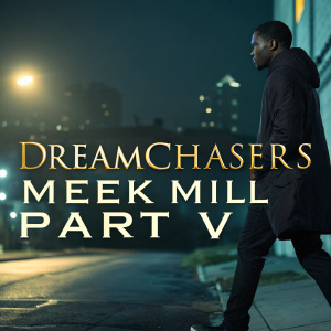 Album cover for Dreamchasers Meek Mill Part V. Dark, moody atmosphere with bold, modern text in the foreground.