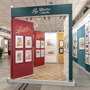 Alberto Caligrafía's virtual gallery features diverse calligraphy styles. Displays include text and visuals in multiple shades and backgrounds, alongside German script.