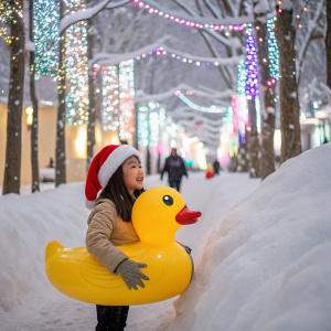 A young Asian girl, wearing a Santa hat, holding a large, yellow rubber duck in a festive, winter wonderland setting.