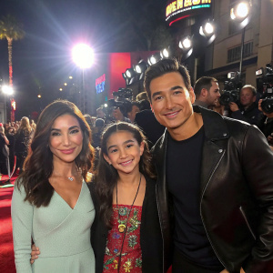 Courtney Laine Mazza, Gia Francesca Lopez, Dominic Lopez, and Mario Lopez posing together at a vibrant Hollywood premiere. Bright lights and paparazzi in the background.