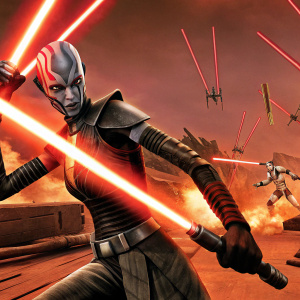 Asajj Ventress in a fierce pose, wielding dual red lightsabers. Set against a backdrop of the chaotic battle of Cato Neimoidia.