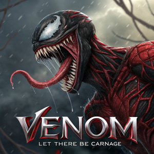 Digital artwork of Venom: Let There Be Carnage featuring close-up of the alien symbiote. Red and black, fiery texture. Wide open mouth with sharp white teeth and long, menacing tongue. Title text 'VENOM' and 'Let There Be Carnage' at bottom