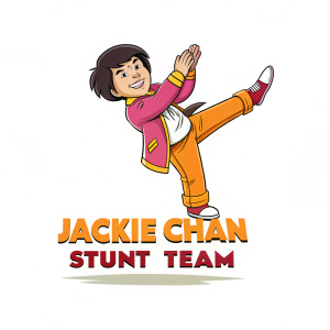 Cartoon Jackie Chan in action pose, surrounded by vibrant colors. Plain white background. 'JACKIE CHAN STUNT TEAM' written below.