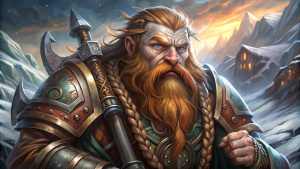 Create a portrait of a grim dwarf warrior with a long-braided beard, iron armor, and a mighty axe. Depict them in a Tolkien-esque fantasy world.