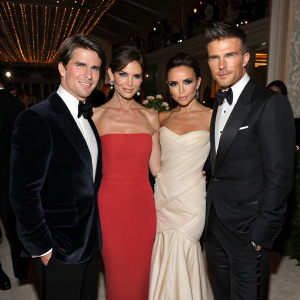 Tom Cruise, Katie Holmes, Victoria Beckham, David Beckham attending the Hollywood gala. Formal attire, indoor venue, glamorous atmosphere