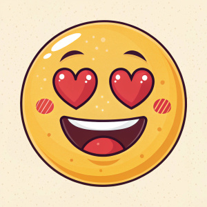 An emoji, cheerful face with yellow skin tone, heart-shaped red eyes, big smile reaching the cheeks