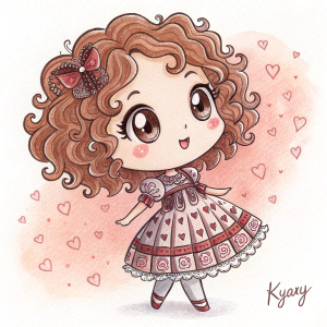 Chibi character drawing. Cute face, curly hair, wide eyes, ruffled dress with patterns. Signed 'Kyary'