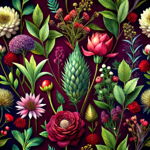 DARK RED  background, watercolor image with dark brown   background , oliveWAXFLOWER ,cream  protea  ,mentha ,campanula ,POPPY wild lupine , brown ALLIUM,carmine  WILD BERGAMOT , green RATTLESNAKE MASTER ,nodding onion , ZINNIA , PARROT TULIP , ivory achillea, physalis , watercolor, dark brown  background