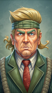 Avatar Pixar style illustration of Donald Trump as Snake Plissken, full view head to toe