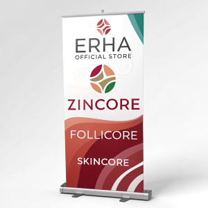 Promotional banner for ERHA Official Store featuring skincare brands. Bold, eye-catching design with Zincore, FolliCore, and Skincore logos prominently displayed.