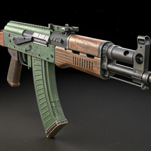 3D model of Bofors AK5 assault rifle. Digital render. Green, brown, grey hues. Detailed barrel, stock, and grip against black backdrop.