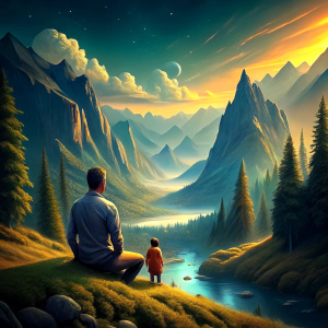 father and son sitting in a valley watching nature scenery