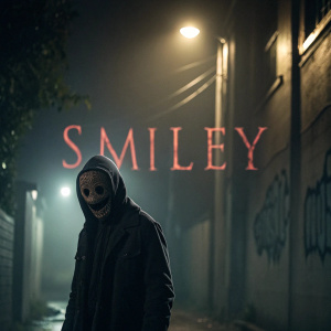 Promotional image for horror movie 'Smiley'. Dark alleyway backdrop, mysterious figure in shadow with stitched, grinning mask.