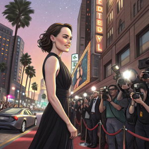 Daisy Ridley on a bustling Hollywood street, wearing a sleek black dress, surrounded by flashing cameras and excited fans.