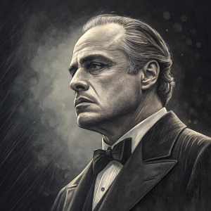 Detailed charcoal sketch of Marlon Brando, standing in front of a dramatic, dark background. His intense gaze and every facial feature captured in fine strokes.