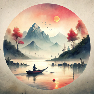 Chinese ink painting, minimalism, angler, small boat, lake, mountains, flowers, windy, sunset lighting