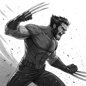 Wolverine's fierce expression, claws extended, captured in stark black and white. Intense, dynamic art style