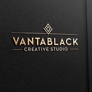 The Vantablack Creative Studio logo. A sleek, minimalist design featuring the brand name in metallic lettering against a black background. Emphasizes creativity and innovation. Clean, modern aesthetic.