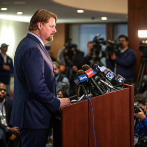 Ben McAdoo, dressed in a navy blue suit, stands at a podium during a press conference. Numerous microphones and journalists are present.
