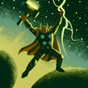 Marvel character Thor in a dynamic pose. The God of Thunder, wearing enchanted armor, wielding Mjolnir. Background is cosmic with stars and nebulae.
