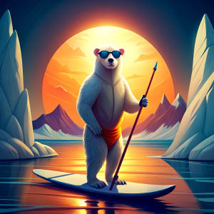 polar bear paddle boarding in the arctic ocean wearing shades with sunset in background