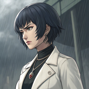 Takemi Tae, a serious persona 5 character. White jacket and pendant, dark cropped hair. Intense gaze. Grim backdrop