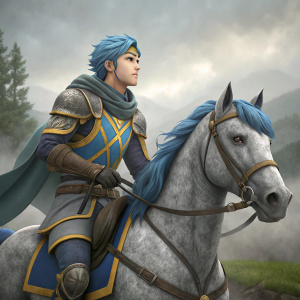 3D digital art of Sigurd from Fire Emblem series, intense expression, riding a gray horse. Character has blue hair and detailed outfit with gray, blue, and yellow accents.