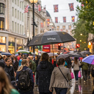Lively scene on Oxford Street during a rainy day. Crowds of shoppers and tourists, many holding umbrellas. A large black umbrella with the Selfridges logo stands out amidst the vibrant crowd.