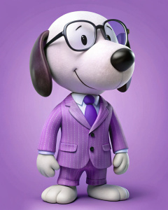 snoopy de frente con traje morado y lentes  y labios abierta grande para poder animarla con inteligencia artificial orejas negras