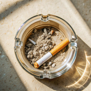 aesthetic photo, top view, cigarette in an ashtray, on a white background