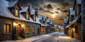 Street of a Victorian city. Winter, white fluffy snow lies on the pavement. Midnight, very dark, stars and clouds in the sky. Stone houses with red tiled roofs, wooden window frames, wooden doors. The windows are lit from the inside with dim, weak light. Christmas decorations on the windows and doors. The building on the right in the foreground is a store with a beautiful sign; toys and books are visible in its window.