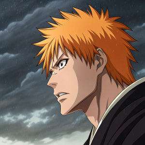 Ichigo Kurosaki from Bleach, intense stare, spiky orange hair, in detailed manga panel