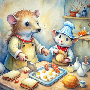 Draw for me. In the kitchen, a mouse and a hedgehog are baking gingerbread. They ice them and pack them in decorative packaging. The hedgehog cuts gingerbread shapes from the dough and arranges them on a baking sheet. There are many gingerbreads around... it smells like cinnamon, and the kitchen is beautiful."