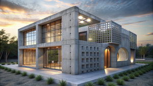 A 3000 square foot 3d printed eco-brutalist concrete house with exterior iso grid surface geometry
