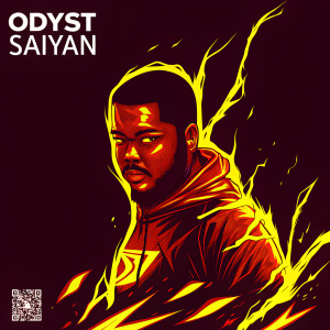 Promotional poster for video game streamer and player Odyst Saiyan. Eye-catching graphic with vibrant colors, neon green and orange against black background. Features a sleek, minimalist logo with abstract shapes. Social media links and QR code prominently displayed.