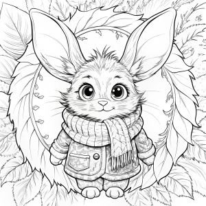 A mythical creature named Zippy Zoom, designed for children's enchantment. Zippy has fluffy fur, large curious eyes, long ears, and a short, bushy tail like a cotton puff. Adorned in a leaf vest and a jaunty scarf, Zippy resides in a cozy 'butterfly-burrow' nestled within the trunk of a towering tree. This magical forest, alive with vibrant flowers and crystal-clear springs, is also home to a friendly fox companion named Flicker, whose coat and bright eyes mirror Zippy's zest for exploration. Together, they embark on whimsical adventures, uncovering hidden treasures and discovering the wonders of their enchanted world. Low details, no shading