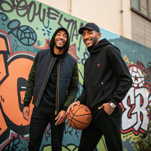 Pierre-Emerick Aubameyang and Hakim Ziyech, dressed in casual streetwear, in front of a graffiti-covered wall. They are holding a basketball, smiling and posing casually.