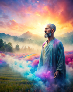 Mystic, man, hyperrealistic painting, color field painting, realistic, sakuga, Cloudscore, Colorful, Misty