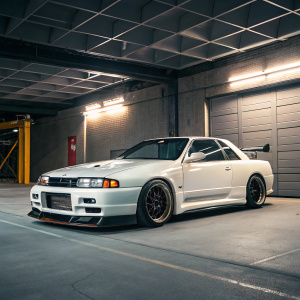 A sleek, white Nissan Skyline R32 GTR parked in a garage. It boasts a wide body kit with an aggressive front bumper, sharp lines, and a low profile.