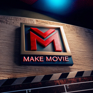 Modern sleek logo for a production company named 'Make Movie'. Red 'M' prominently featured, set against a soft pastel backdrop. The company name, 'Make Movie', is displayed in a bold, professional font beneath the logo.