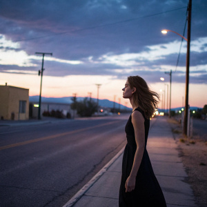 Melissa Benoist, wearing a simple black dress, standing alone on an empty street at dusk. Her auburn hair gently blowing in the wind.