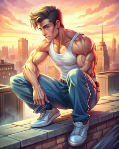 European muscular young guy 25 years old with short dark hair, wearing jeans and a white T-shirt, sneakers, smiling, sitting on the roof, dynamic pose in motion, summer city in the background, sunset