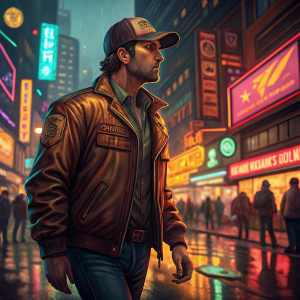 Michael De Santa from GTA V, wearing a brown leather jacket and a baseball cap, walking through a vibrant, neon-lit downtown area.