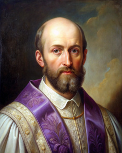 Aemilius Gabrielus Antoninus. Sanctus Pontifex. Máxima Autoridad de la Iglesia Primaciana. Sotana Blanca y Morada. Joven. Barbón. Calvo. Retrato en pintura. Año 1840.