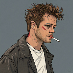 Cartoony illustration of Tyler Durden from Fight Club. Caucasian male with tousled hair, bruised face, smoking a cigarette. Sketch-like style with solid grey background.