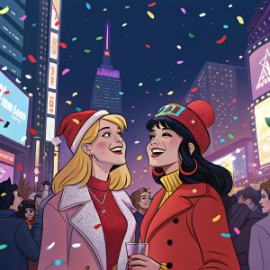 Betty and Veronica, Archie comics characters, partying with confetti in Times Square on New Year's Eve.